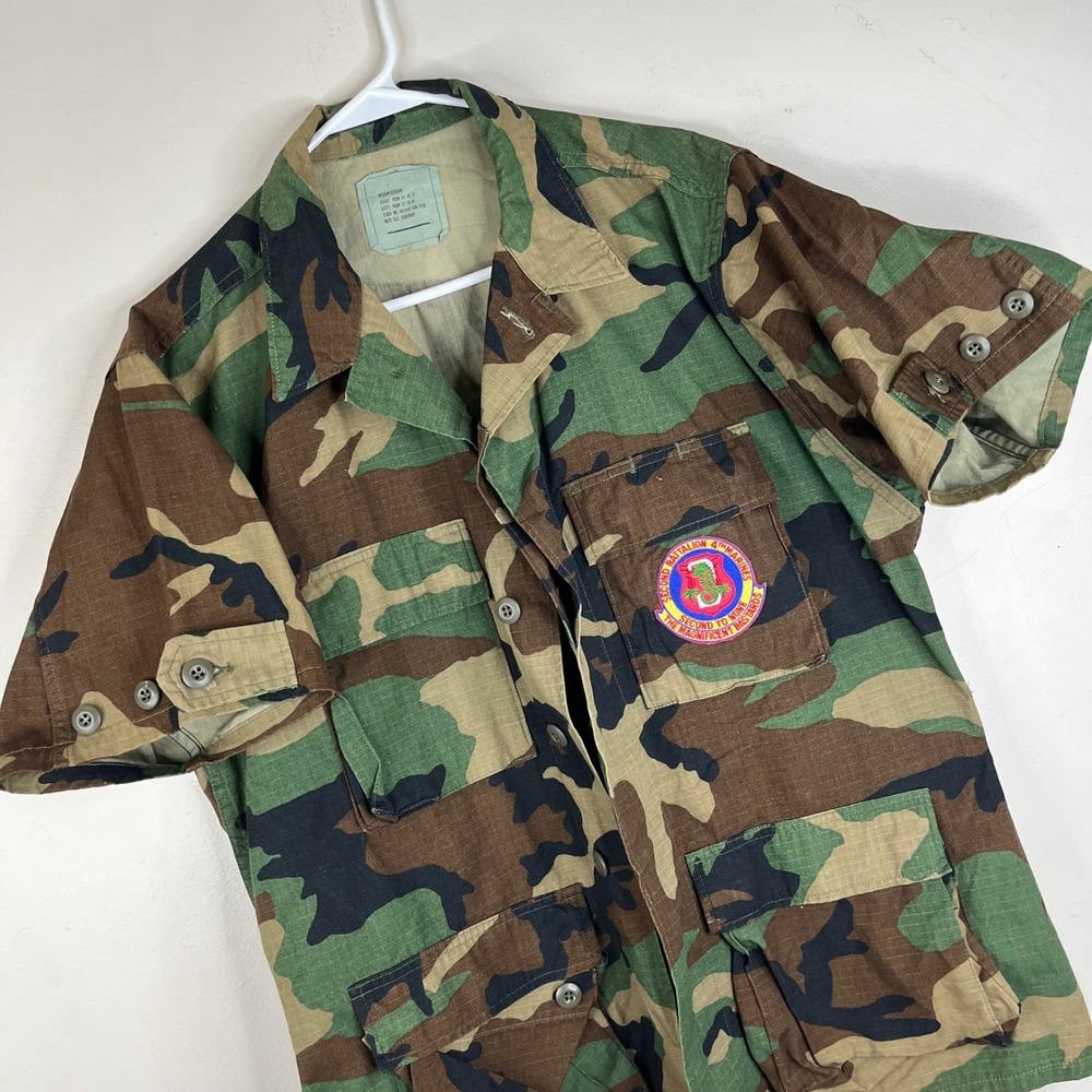 Vintage 1985 USMC Woodland BDU Combat Shirt 2/4 Marines Magnificent Bastards M-R